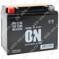 Аккумулятор мотоциклетный 12В 12Ач ON AGM прямой полярности YTX12-BS