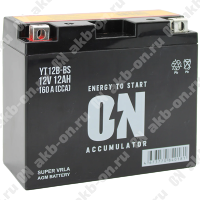 Аккумулятор мотоциклетный 12В 12Ач ON AGM прямой полярности YT12B-BS