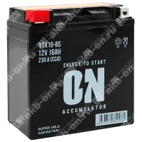Аккумулятор мотоциклетный 12В 16Ач ON AGM прямой полярности YTX16-BS