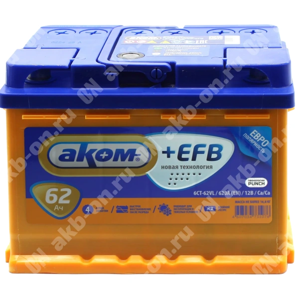 Аккумулятор автомобильный 12В 62Ач АКОМ +EFB обратной полярности 