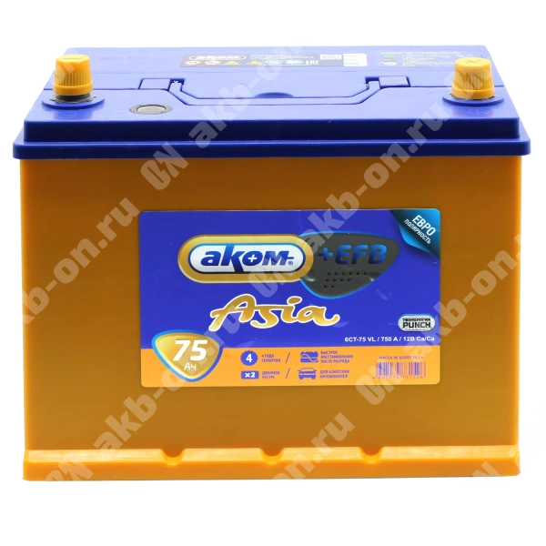 Аккумулятор автомобильный 12В 75Ач АКОМ Asia +EFB 85D26L обратной полярности 