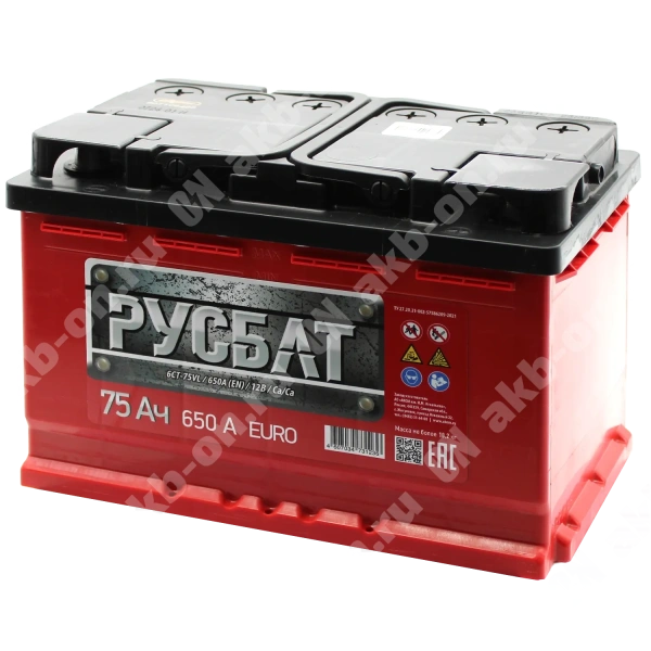 Аккумулятор автомобильный 12В 75Ач РусБат обратной полярности 