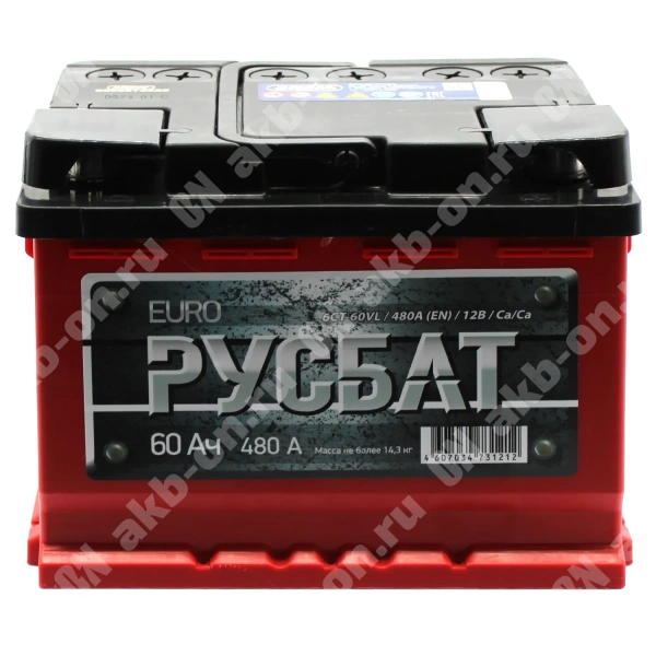 Аккумулятор автомобильный 12В 60Ач РусБат обратной полярности 