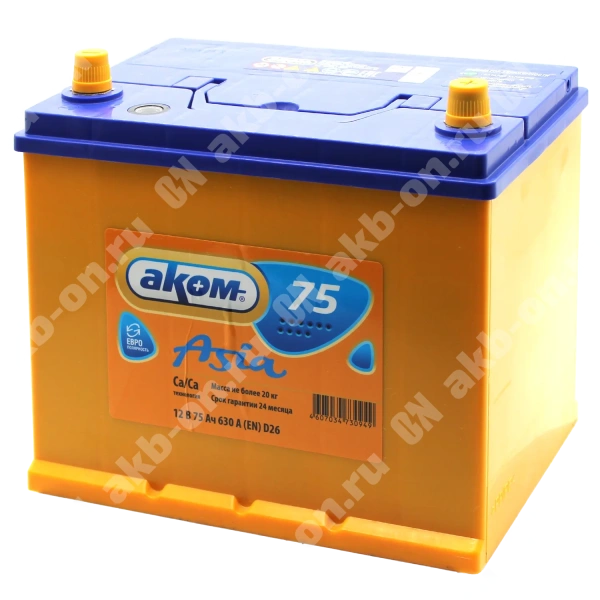 Аккумулятор автомобильный 12В 75Ач АКОМ Asia 80D26L обратной полярности 