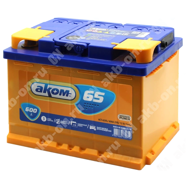 Аккумулятор автомобильный 12В 65Ач АКОМ прямой полярности