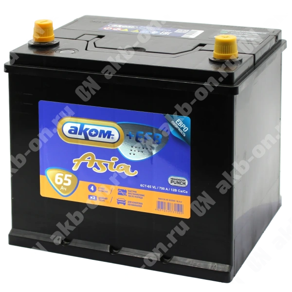 Аккумулятор автомобильный 12В 65Ач АКОМ Asia +EFB 65D23L обратной полярности 
