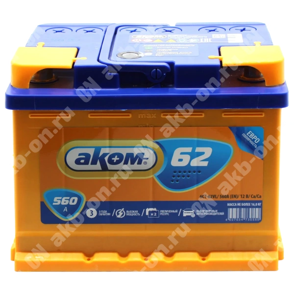 Аккумулятор автомобильный 12В 62Ач АКОМ обратной полярности 