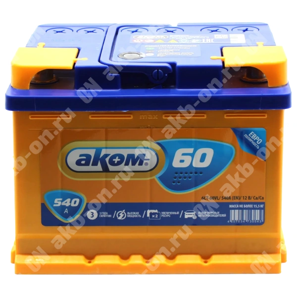 Аккумулятор автомобильный 12В 60Ач АКОМ обратной полярности 