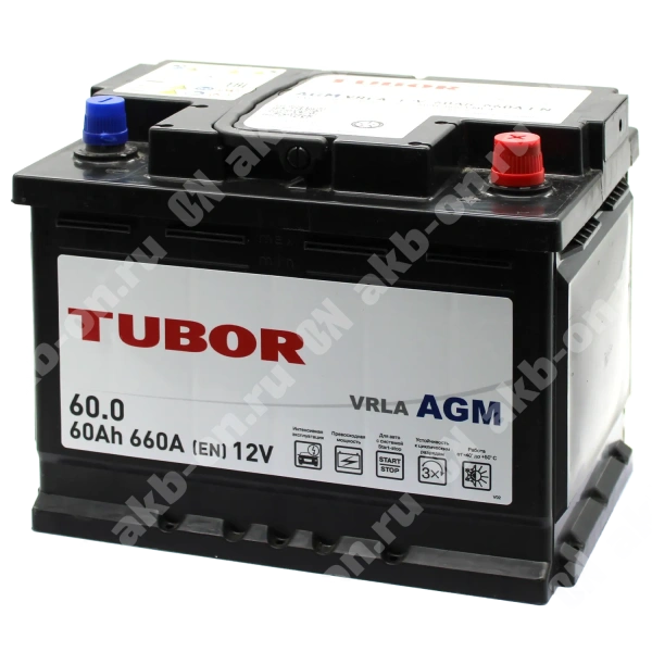 Аккумулятор автомобильный 12В 60Ач TUBOR AGM обратной полярности