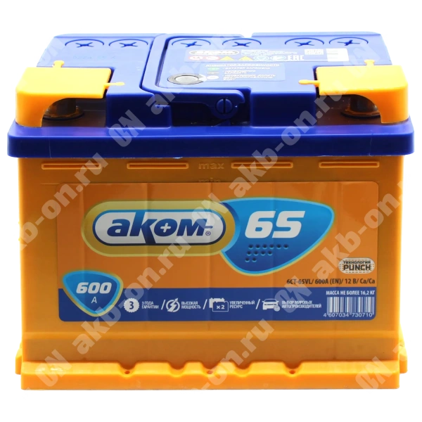 Аккумулятор автомобильный 12В 65Ач АКОМ прямой полярности