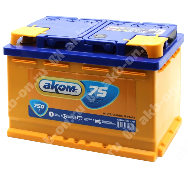 Аккумулятор автомобильный 12В 75Ач АКОМ прямой полярности