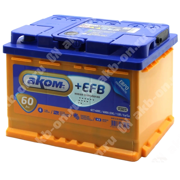 Аккумулятор автомобильный 12В 60Ач АКОМ +EFB обратной полярности 