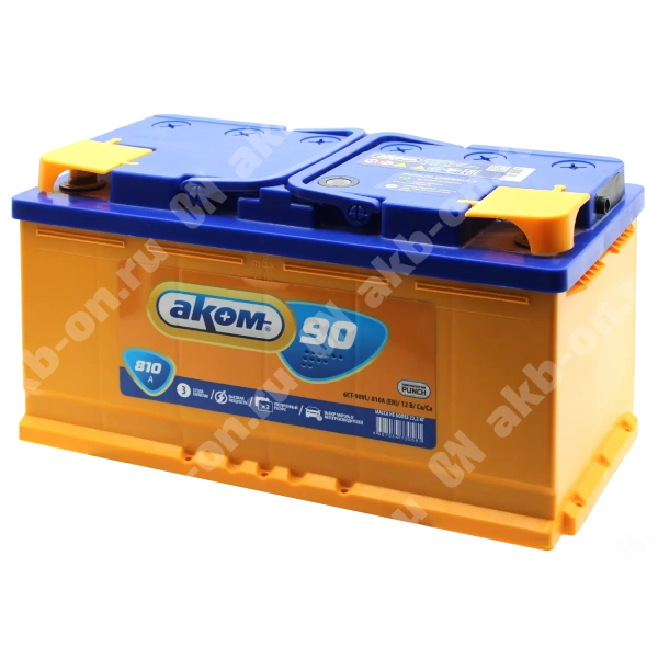 Аккумулятор автомобильный 12В 90Ач АКОМ прямой полярности