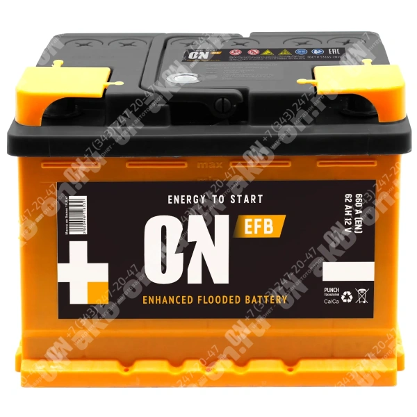 Аккумулятор автомобильный 12В 62Ач ON EFB прямой полярности