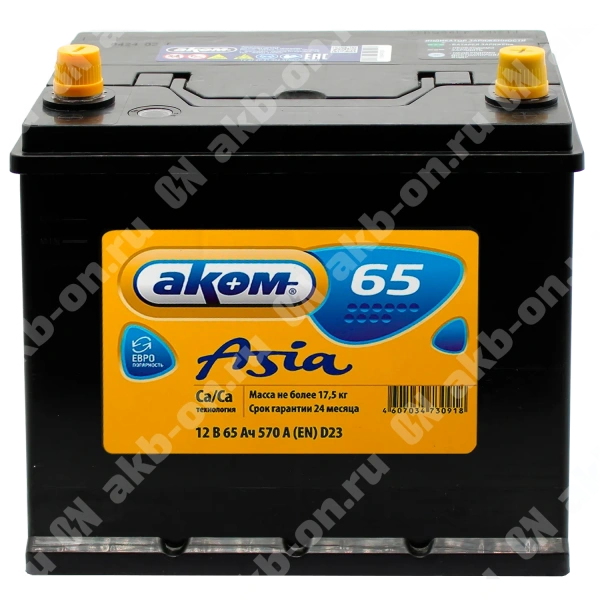 Аккумулятор автомобильный 12В 65Ач АКОМ Asia 65D23L обратной полярности 