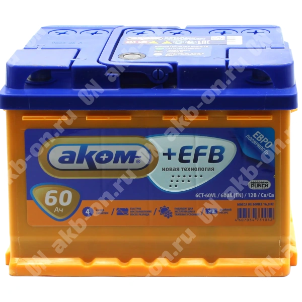 Аккумулятор автомобильный 12В 60Ач АКОМ +EFB обратной полярности 