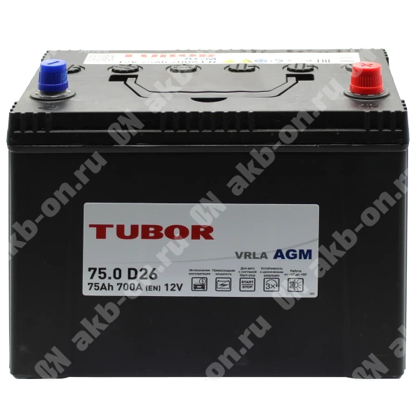 Аккумулятор автомобильный 12В 75Ач TUBOR Asia AGM обратной полярности