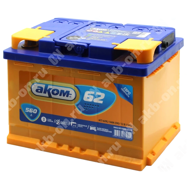 Аккумулятор автомобильный 12В 62Ач АКОМ обратной полярности 