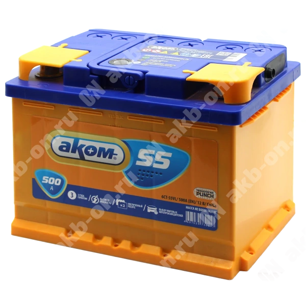 Аккумулятор автомобильный 12В 55Ач АКОМ прямой полярности