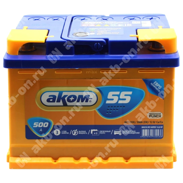 Аккумулятор автомобильный 12В 55Ач АКОМ обратной полярности 