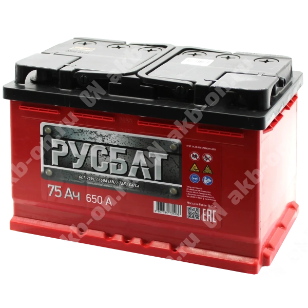 Аккумулятор автомобильный 12В 75Ач РусБат прямой полярности 