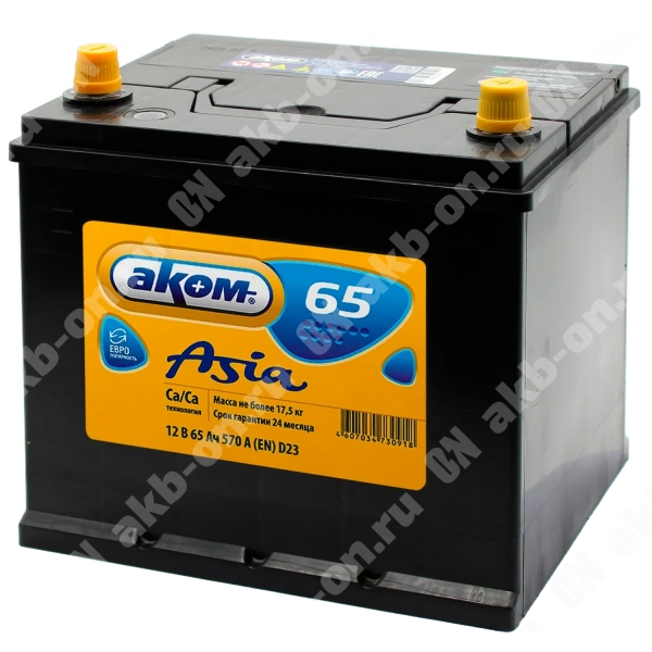 Аккумулятор автомобильный 12В 65Ач АКОМ Asia 65D23L обратной полярности 