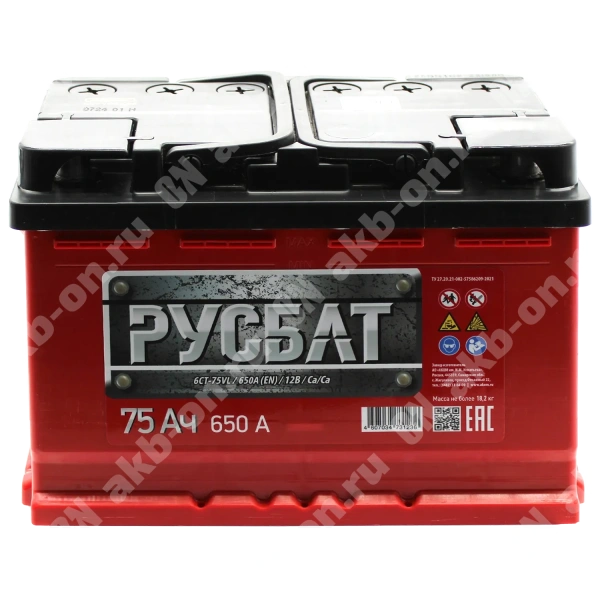 Аккумулятор автомобильный 12В 75Ач РусБат прямой полярности 