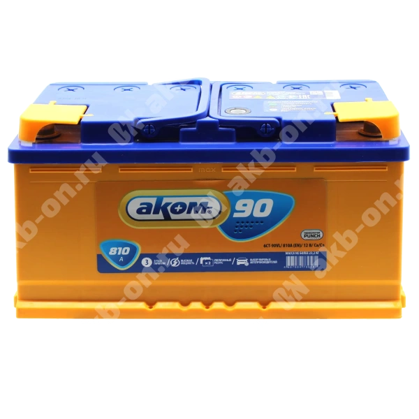 Аккумулятор автомобильный 12В 90Ач АКОМ прямой полярности