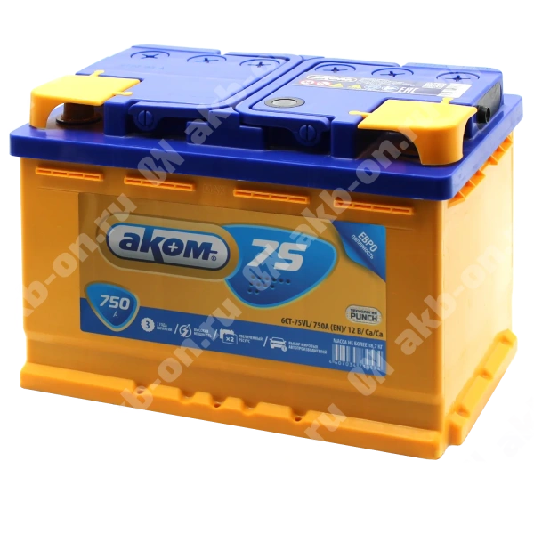 Аккумулятор автомобильный 12В 75Ач АКОМ обратной полярности 