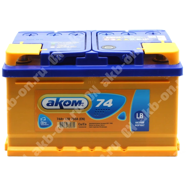 Аккумулятор автомобильный 12В 74Ач АКОМ обратной полярности  низ.