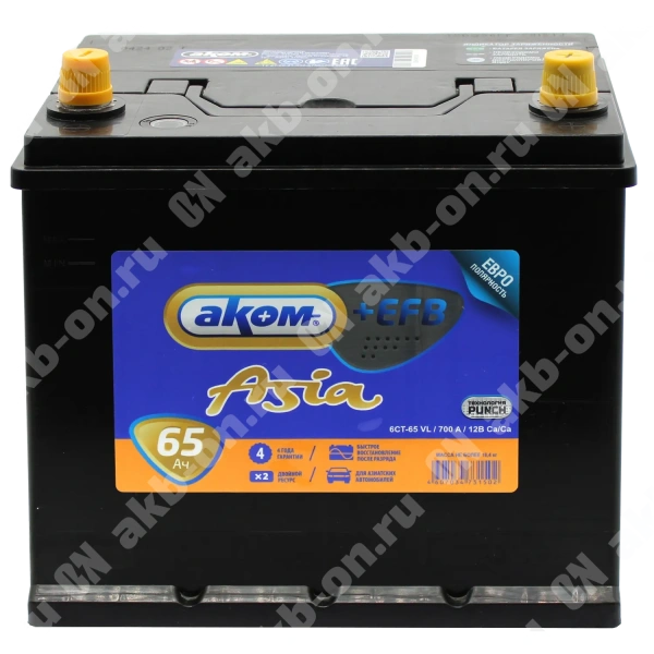 Аккумулятор автомобильный 12В 65Ач АКОМ Asia +EFB 65D23L обратной полярности 