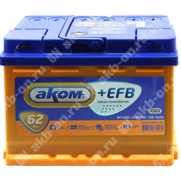 Аккумулятор автомобильный 12В 62Ач АКОМ +EFB прямой полярности