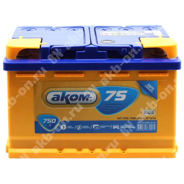 Аккумулятор автомобильный 12В 75Ач АКОМ обратной полярности 