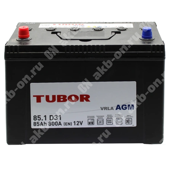 Аккумулятор автомобильный 12В 85Ач TUBOR Asia AGM прямой полярности