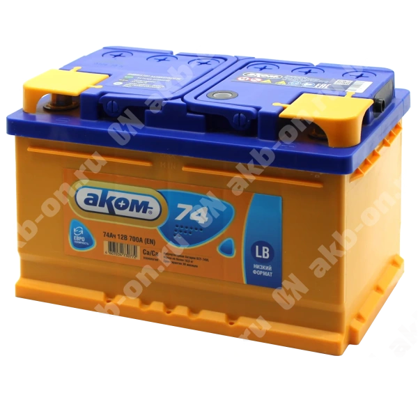 Аккумулятор автомобильный 12В 74Ач АКОМ обратной полярности  низ.