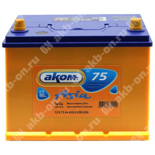 Аккумулятор автомобильный 12В 75Ач АКОМ Asia 80D26L обратной полярности 