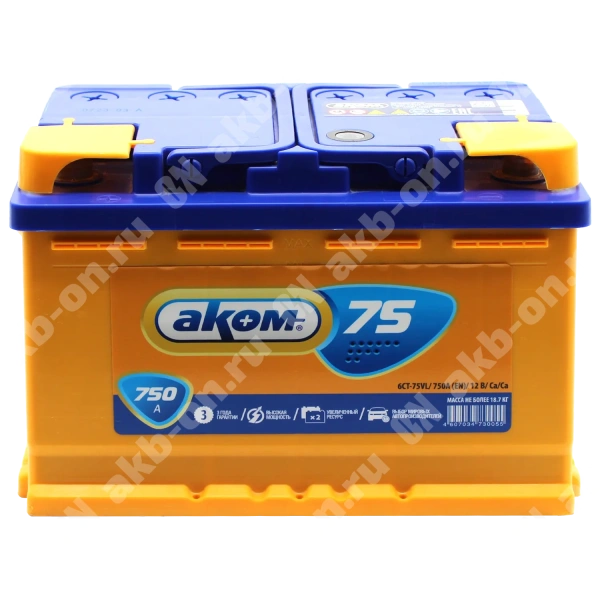 Аккумулятор автомобильный 12В 75Ач АКОМ прямой полярности