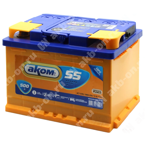 Аккумулятор автомобильный 12В 55Ач АКОМ обратной полярности 