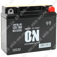 Аккумулятор мотоциклетный 12В 7Ач ON AGM обратной полярности 12N7BL-BS