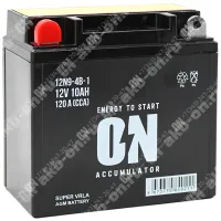 Аккумулятор мотоциклетный 12В 10Ач ON AGM прямой полярности 12N9-4B-1