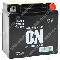 Аккумулятор мотоциклетный 12В 10Ач ON AGM обратной полярности 12N9-3B-1