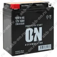 Аккумулятор мотоциклетный 12В 16Ач ON AGM прямой полярности YTX16-BS