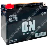 Аккумулятор мотоциклетный 12В 20Ач ON AGM прямой полярности YTX20-BS